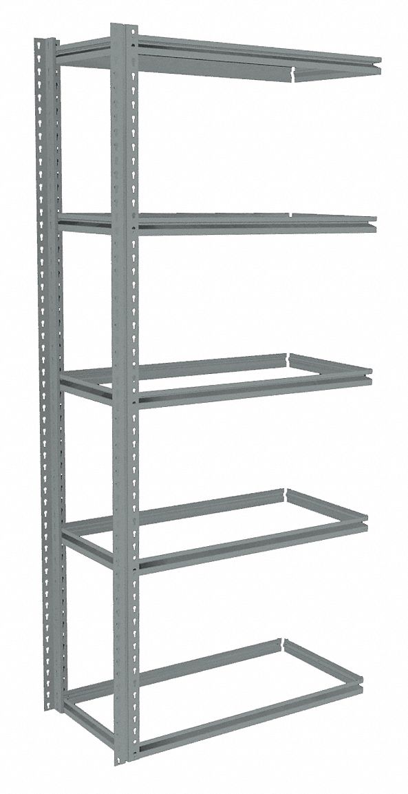 Boltless Shelving: Add-On, Medium-Duty, 36 in x 18 in, 84 in Overall Ht, 5 Shelves