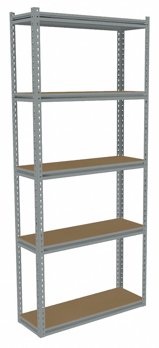 Boltless Shelving: Starter, Medium-Duty, 36 in x 12 in, 84 in Overall Ht, 5 Shelves, Open
