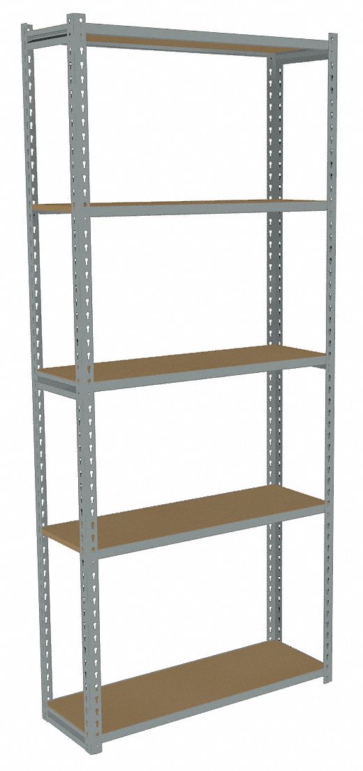 Boltless Shelving: Starter, Light-Duty, 36 in x 12 in, 84 in Overall Ht, 5 Shelves, Open