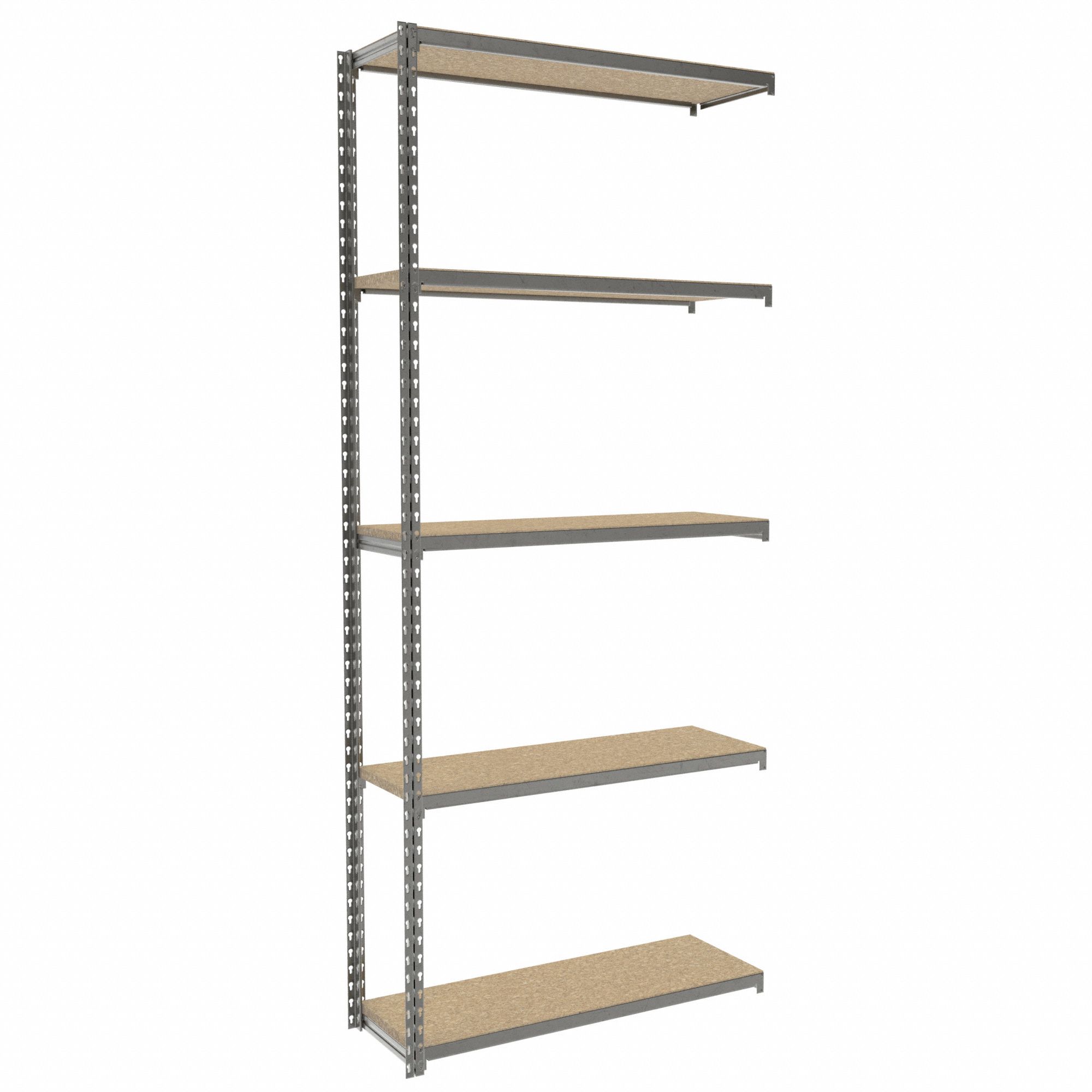 Boltless Shelving: Add-On, Light-Duty, 36 in x 12 in, 84 in Overall Ht, 5 Shelves