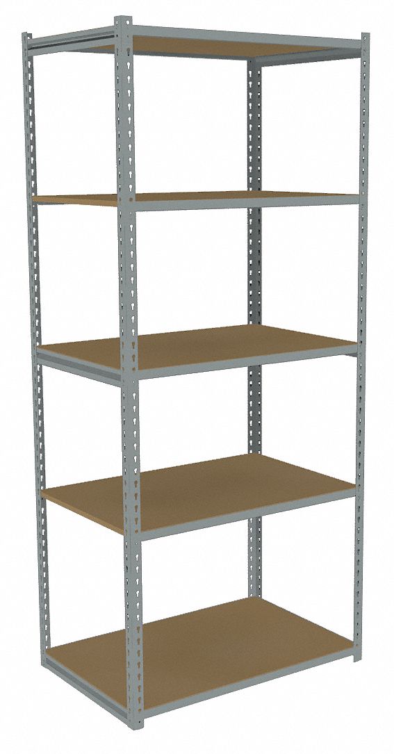 Boltless Shelving: Starter, Light-Duty, 36 in x 24 in, 84 in Overall Ht, 5 Shelves, Open