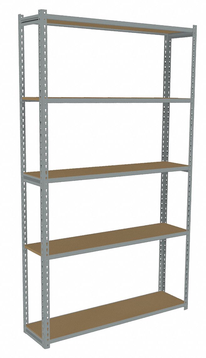 Boltless Shelving: Starter, Light-Duty, 48 in x 12 in, 84 in Overall Ht, 5 Shelves, Open