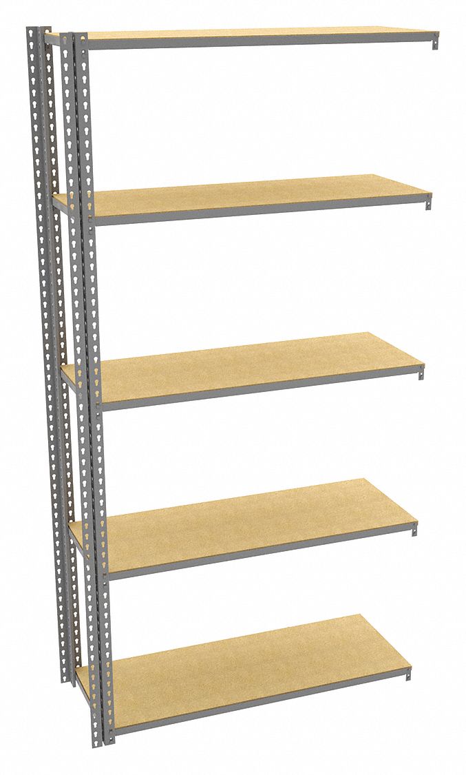 Boltless Shelving: Add-On, Light-Duty, 48 in x 18 in, 84 in Overall Ht, 5 Shelves
