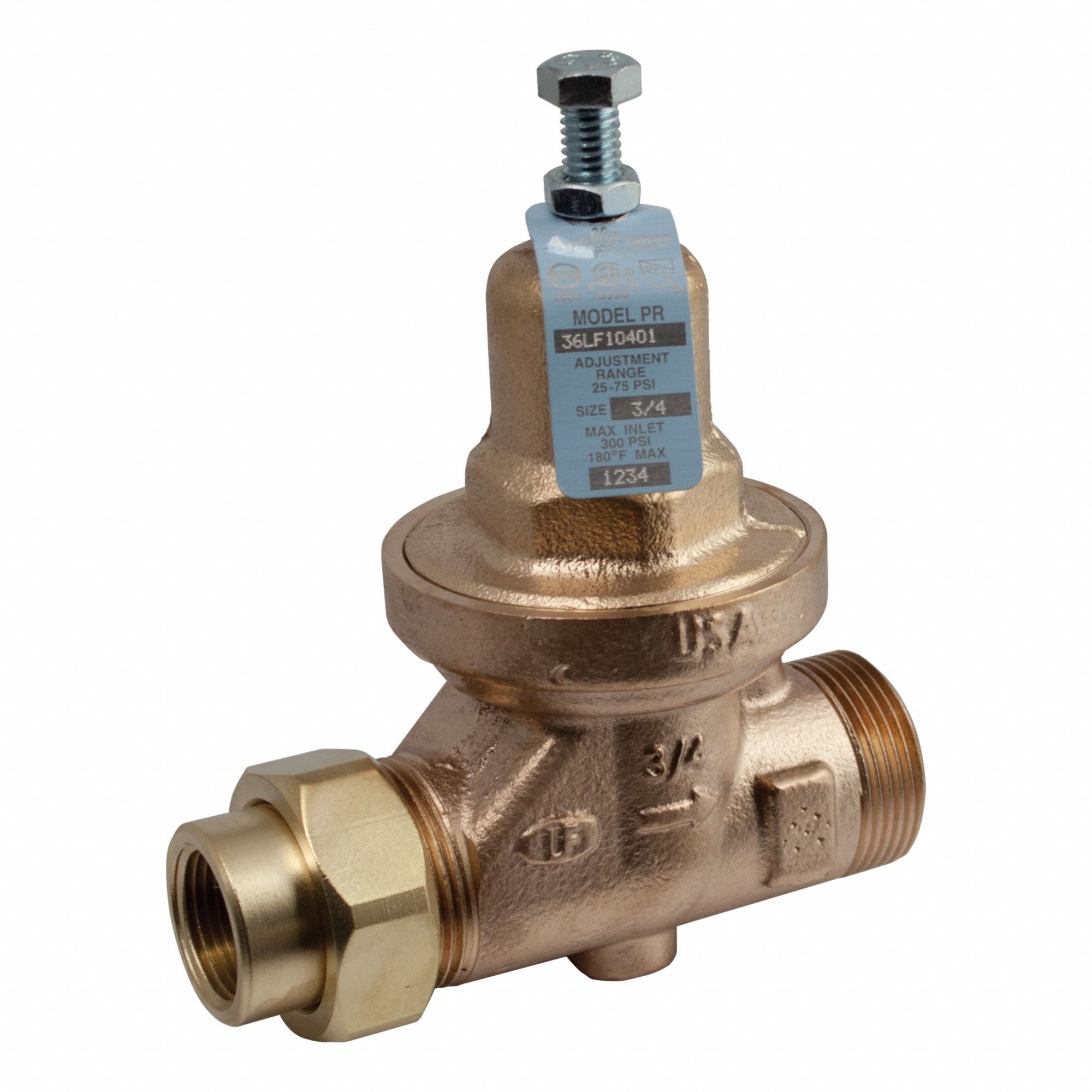 Water Pressure Reducing Valve: NPT x NPT, 1 in Pipe Size, Bronze, 25 psig to 75 psig