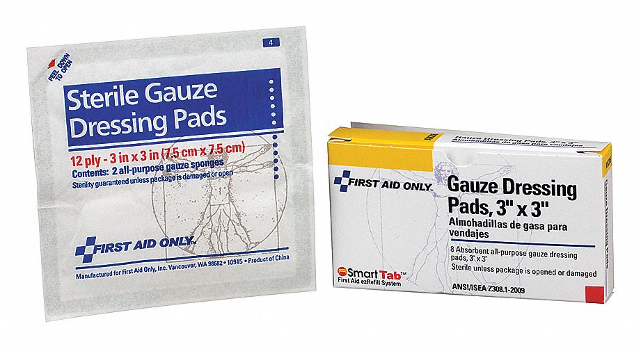 Gauze Pad: 3 in Dressing Lg, 3 in Dressing Wd, Gauze, Sterile, 8 PK