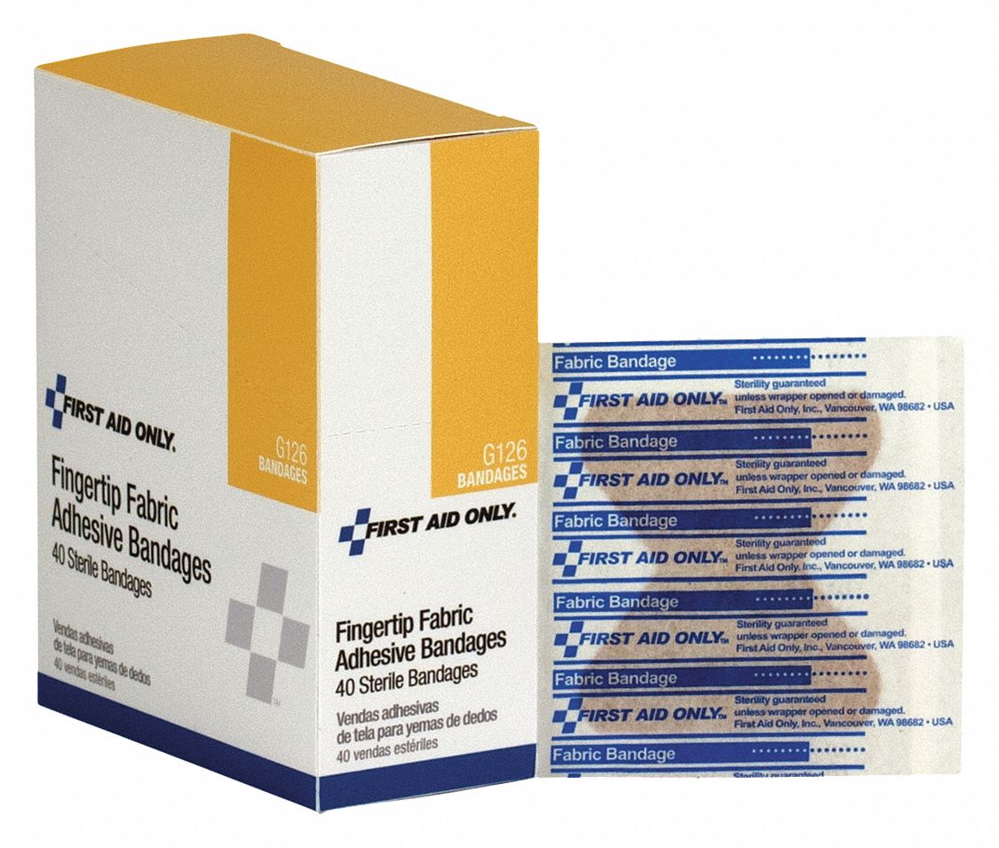 Adhesive Bandage: Fingertip Bandages, 1 3/4 in Wd, 2 in Lg, Not Metal Detectable