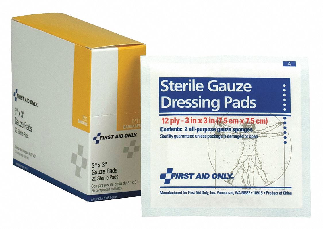 Gauze Pad: 3 in Dressing Lg, 3 in Dressing Wd, Gauze, Sterile, 20 PK