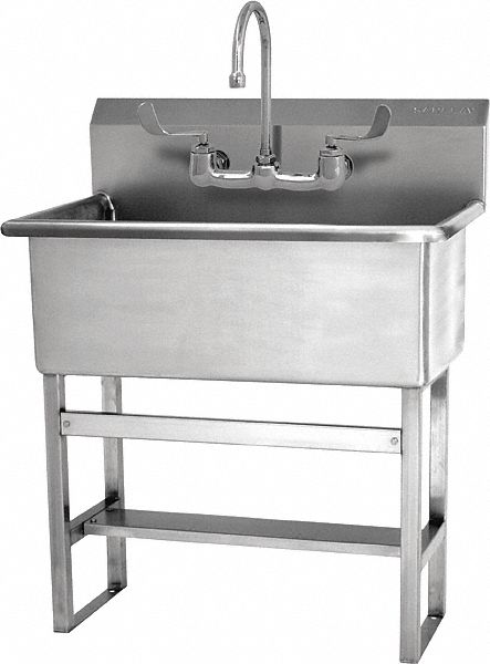 Scrub Sink: 45 1/2 in Overall Ht, 28 in Bowl Lg, 10 1/2 in Bowl Dp, 2 gpm Flow Rate, 14 ga