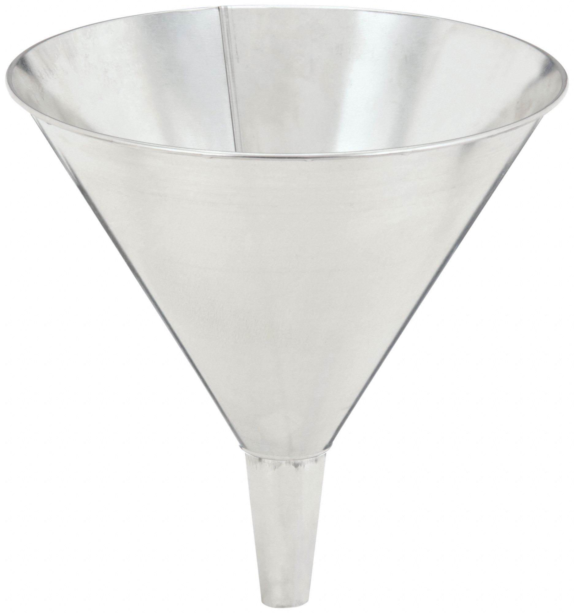 Spout Funnel: Tin, 96 fl oz Fluid Capacity, 9 1/4 in Overall Dia, 9 1/4 in Overall Ht, Silver
