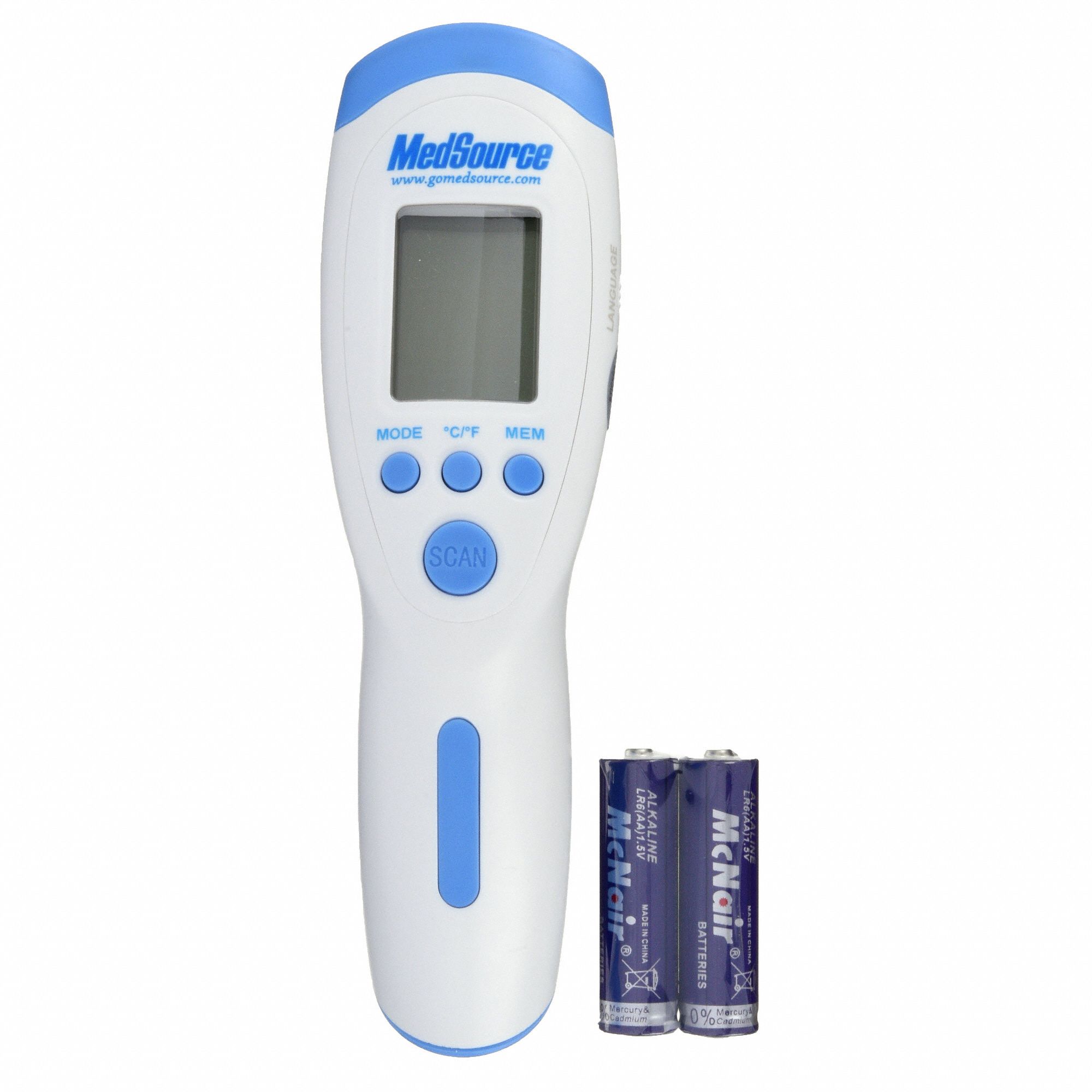 MEDSOURCE Infrared Thermometer, White/Blue, 7.5 in Length, Fahrenheit