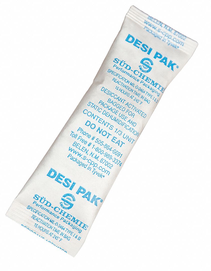 Desiccant: 1 in Wd, 3 1/2 in Lg, 0.28 cu ft Area Protected, 1/3 oz Desiccant Bag Size, Pail, 700 PK