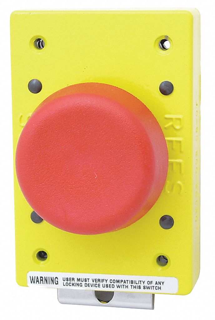 Emergency Stop Push Button: 57 mm Size, Momentary Push, Red, 1NO/1NC, 12/13