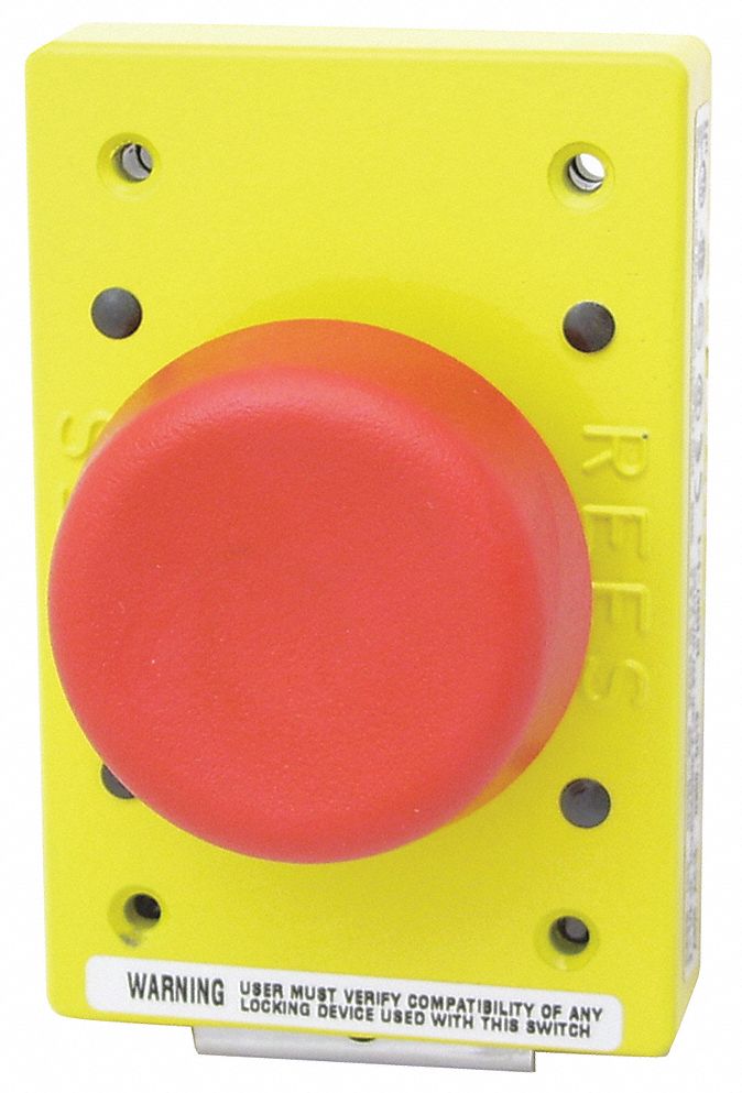Emergency Stop Push Button: 57 mm Size, Momentary Push, Red, 1NO/1NC, 12/13, Delrin