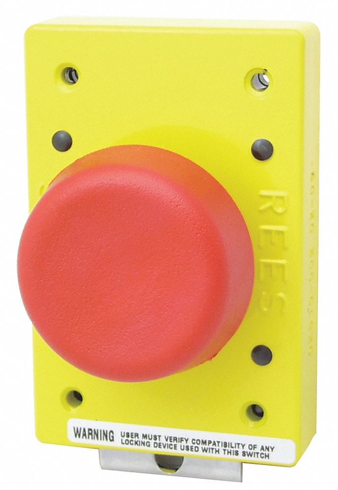 Emergency Stop Push Button: 57 mm Size, Momentary Push, Red, 1NO/1NC, 12/13, Delrin, No Legend