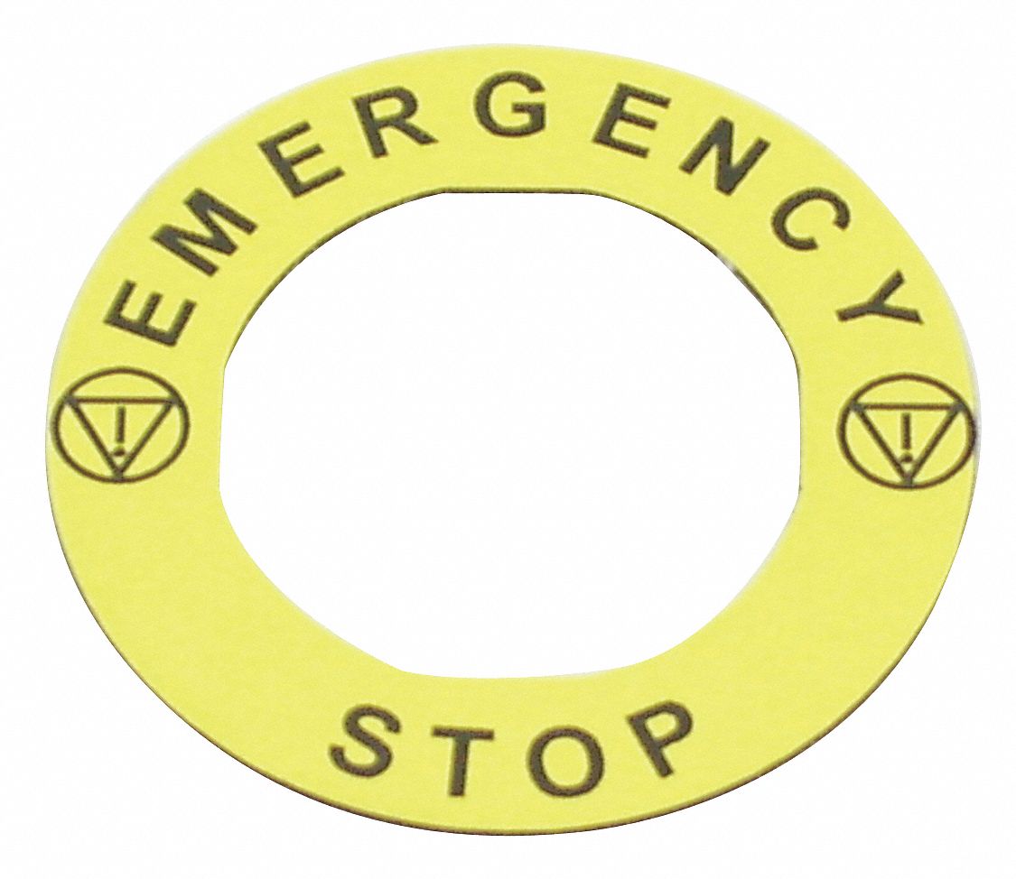Legend Plate: Emergency Stop, Round, Plastic, Yellow, 1.41 in Ht, 1.41 in Wd