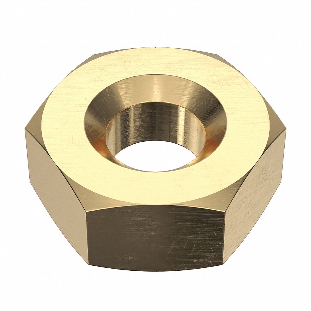 Hex Nut: Std Hex, 1/4"-20 Thread, 7/16 in Hex Wd, 7/32 in Hex Ht, Brass, Not Graded, Std, 10, 000 PK