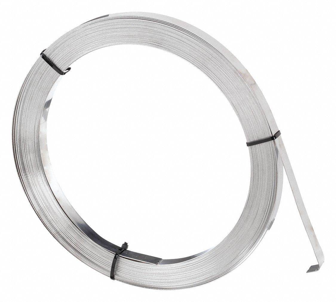 Stainless Steel Band: 0.03 in Strapping Thick, 2, 250 lb Break Strength, 100 ft Strapping Lg, 201