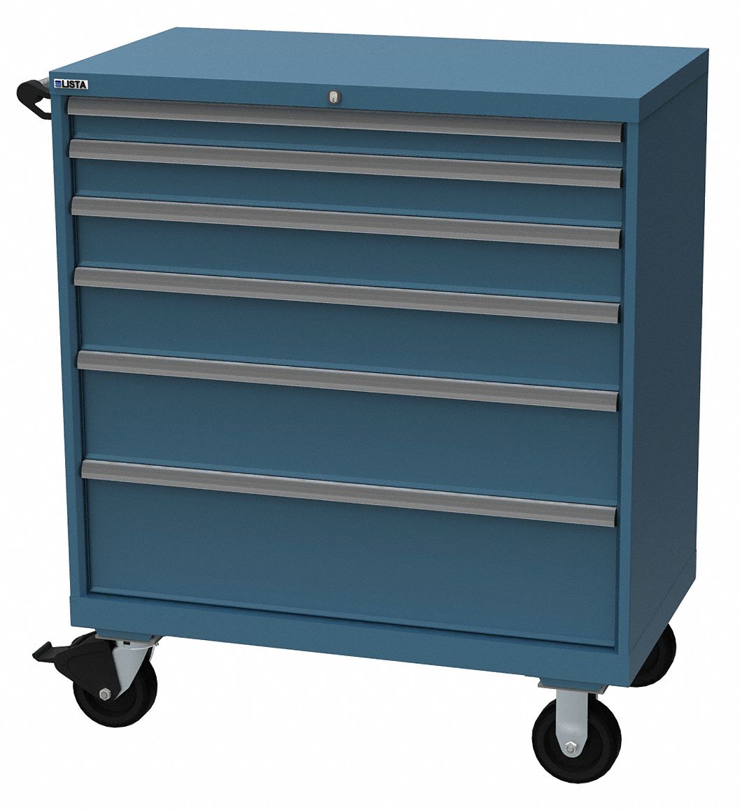 Modular Drawer Cabinet: 40 1/4 in x 22 1/2 in x 47 1/2 in, 6 Drawers, Pull, Casters, Blue
