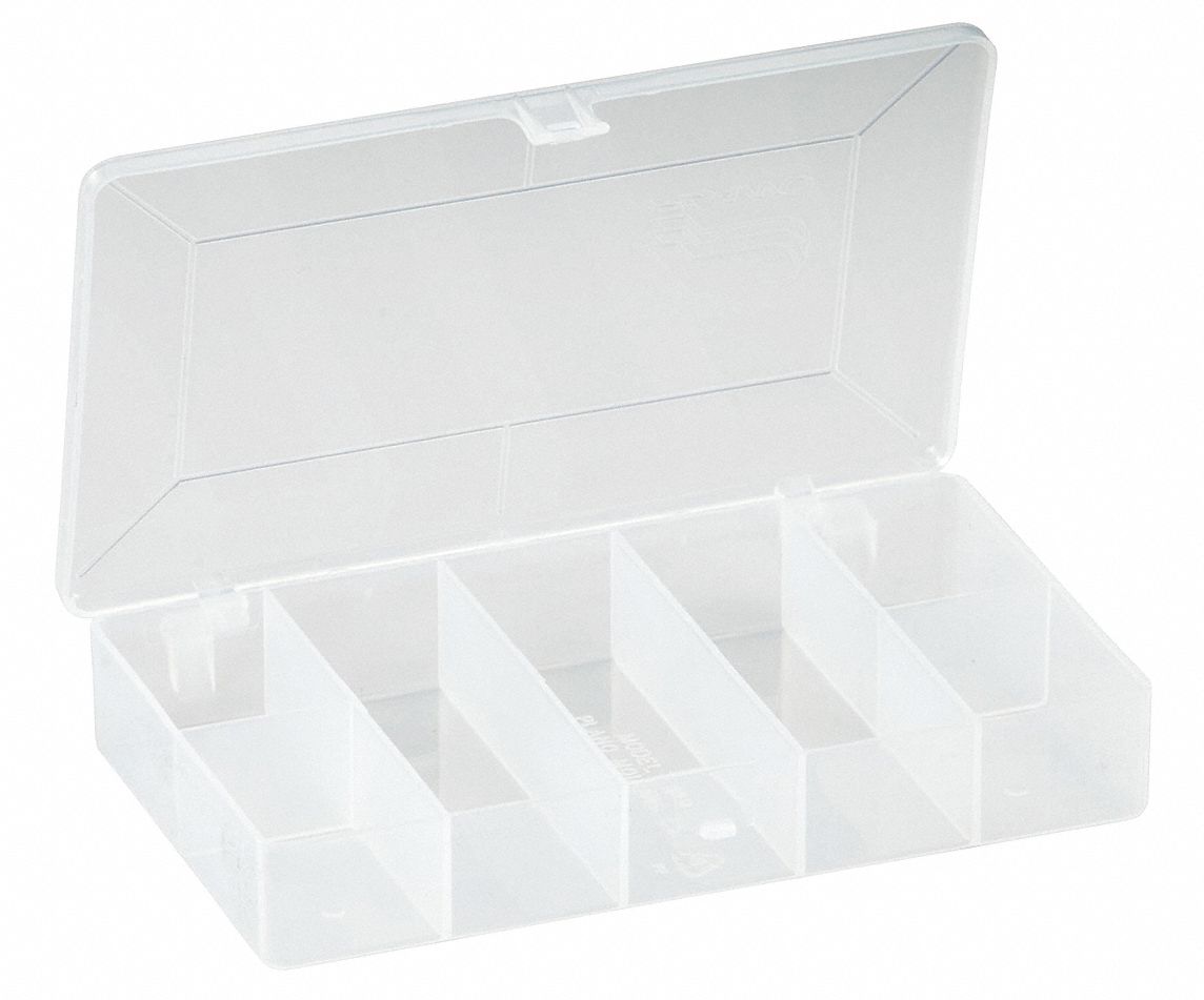 Compartment Box: 6 1/2 in x 3 3/4 in x 1 1/8 in, Clear, 7 Compartments, 0 Adj Dividers
