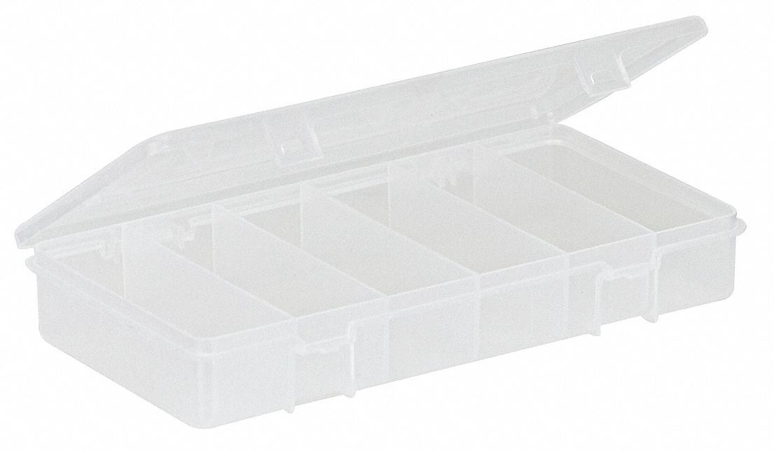 COMPARTMENT BOX, 8¼ IN X 4¼ IN X 1⅜ IN, CLEAR, 6 COMPARTMENTS, 0 ADJUSTABLE DIVIDERS
