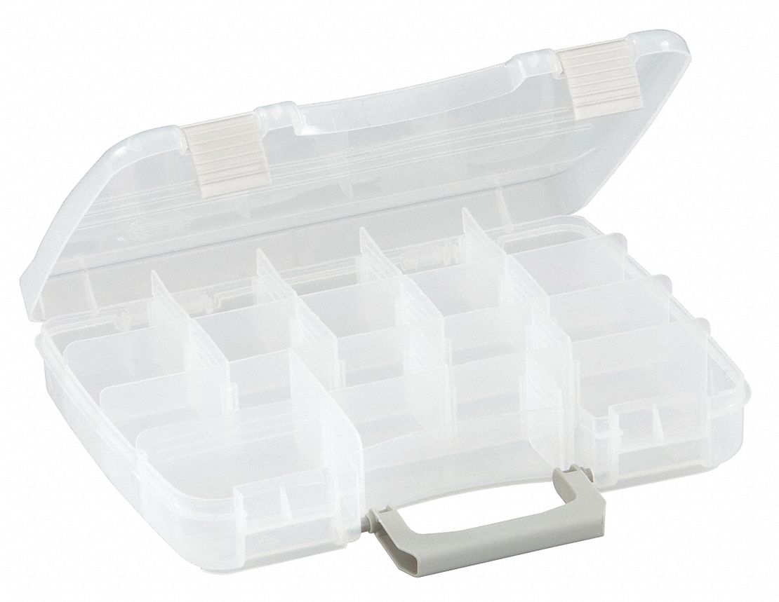 Compartment Box: 11 in x 8 1/4 in x 2 1/4 in, Clear, 17 Compartments, 12 Adj Dividers