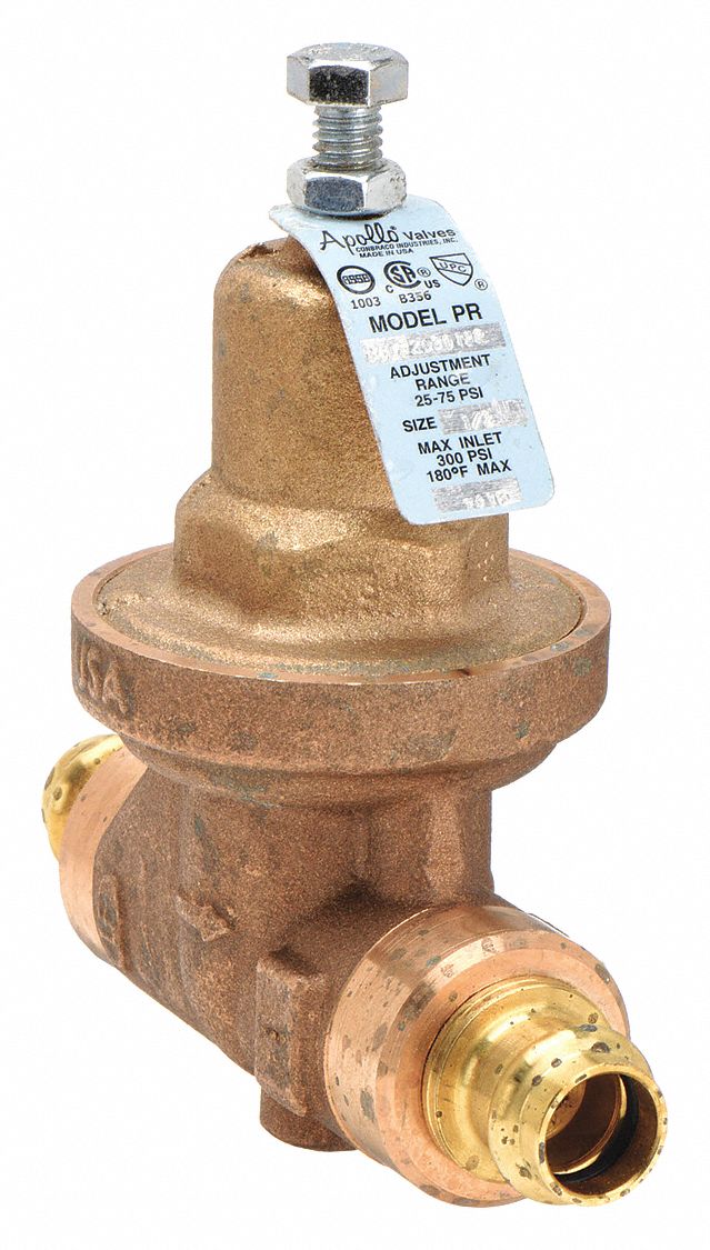 WATER PRESSURE REDUCING VALVE: PRESS X PRESS, ½ IN PIPE SIZE, BRONZE, 25 PSIG TO 75 PSIG