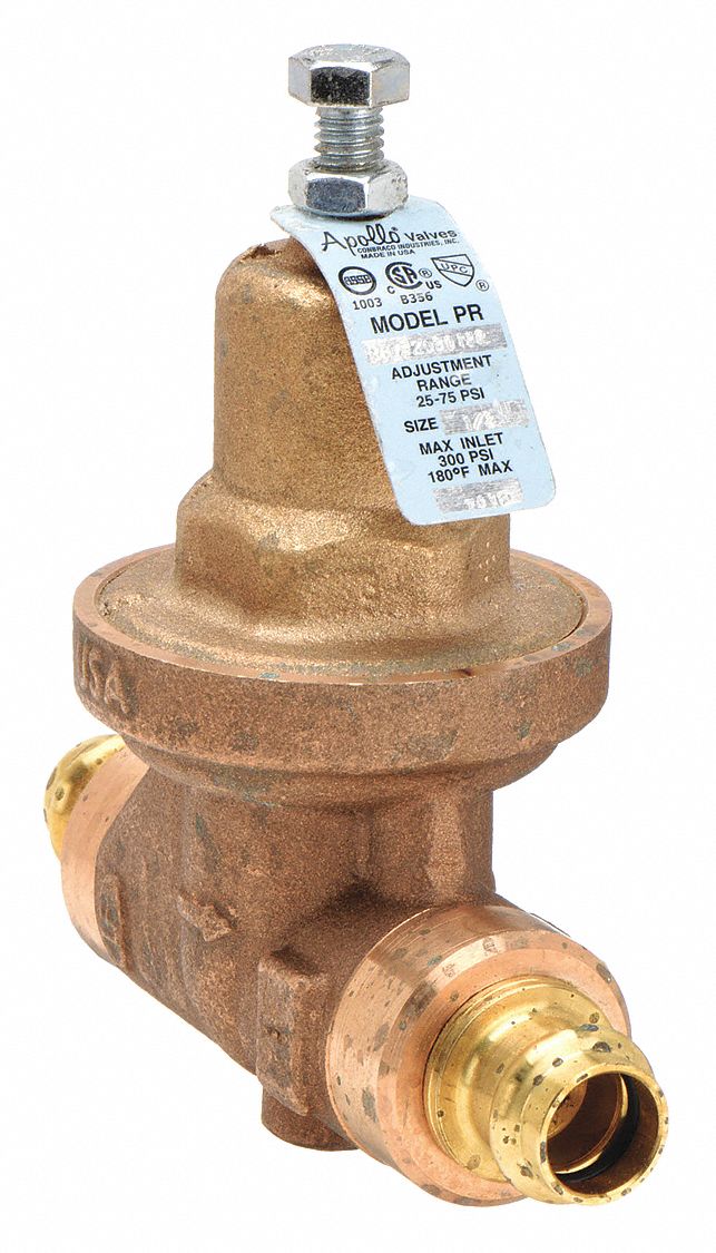 Water Pressure Reducing Valve: Press x Press, 3/4 in Pipe Size, Bronze, 25 psig to 75 psig