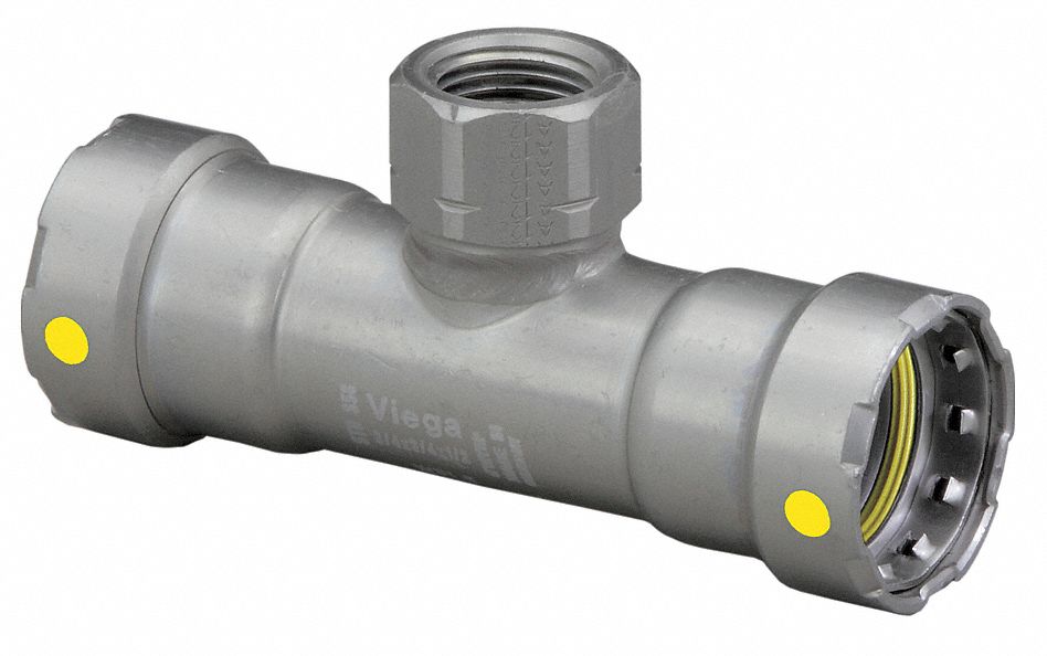 Crimp Tee Fitting: 3/4 in Pipe x 1 in Pipe x 3/4 in Pipe Size, Steel, HNBR