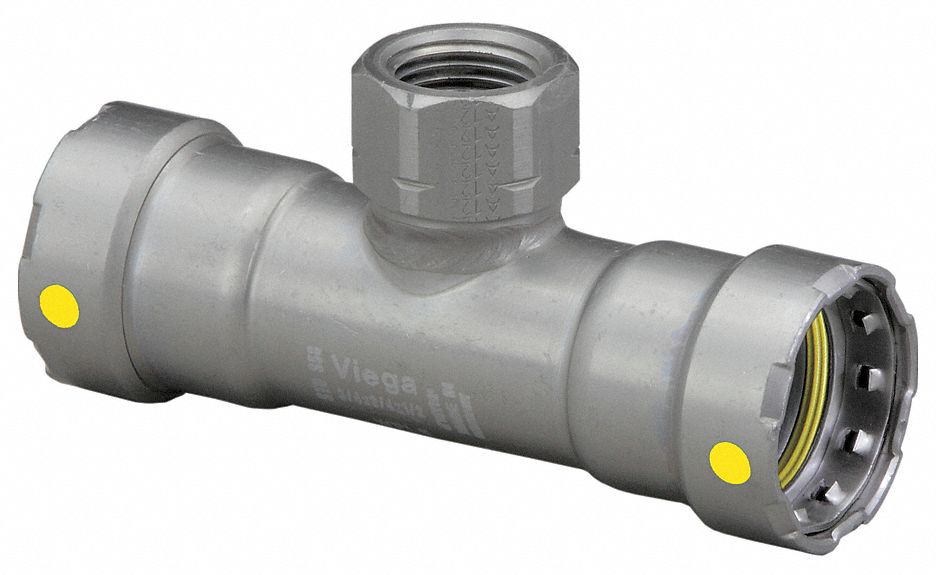 Crimp Tee Fitting: 3/4 in Pipe x 2 in Pipe x 3/4 in Pipe Size, Steel, HNBR