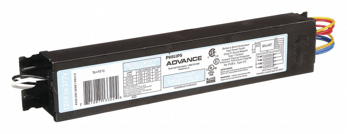 Fluorescent Ballast: 120 to 277V AC, 3/4 Lamps Supported, 17 W_25 W_28 W_32 W_40 W Bulb Watt