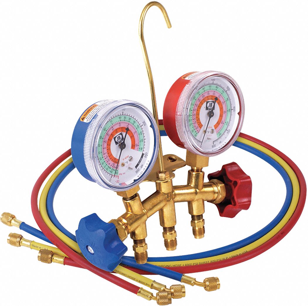 JB INDUSTRIES Manifold Gauge: Manifold Gauge, 2 Valves, R-22/R-404A/R-410A,  3 Hoses