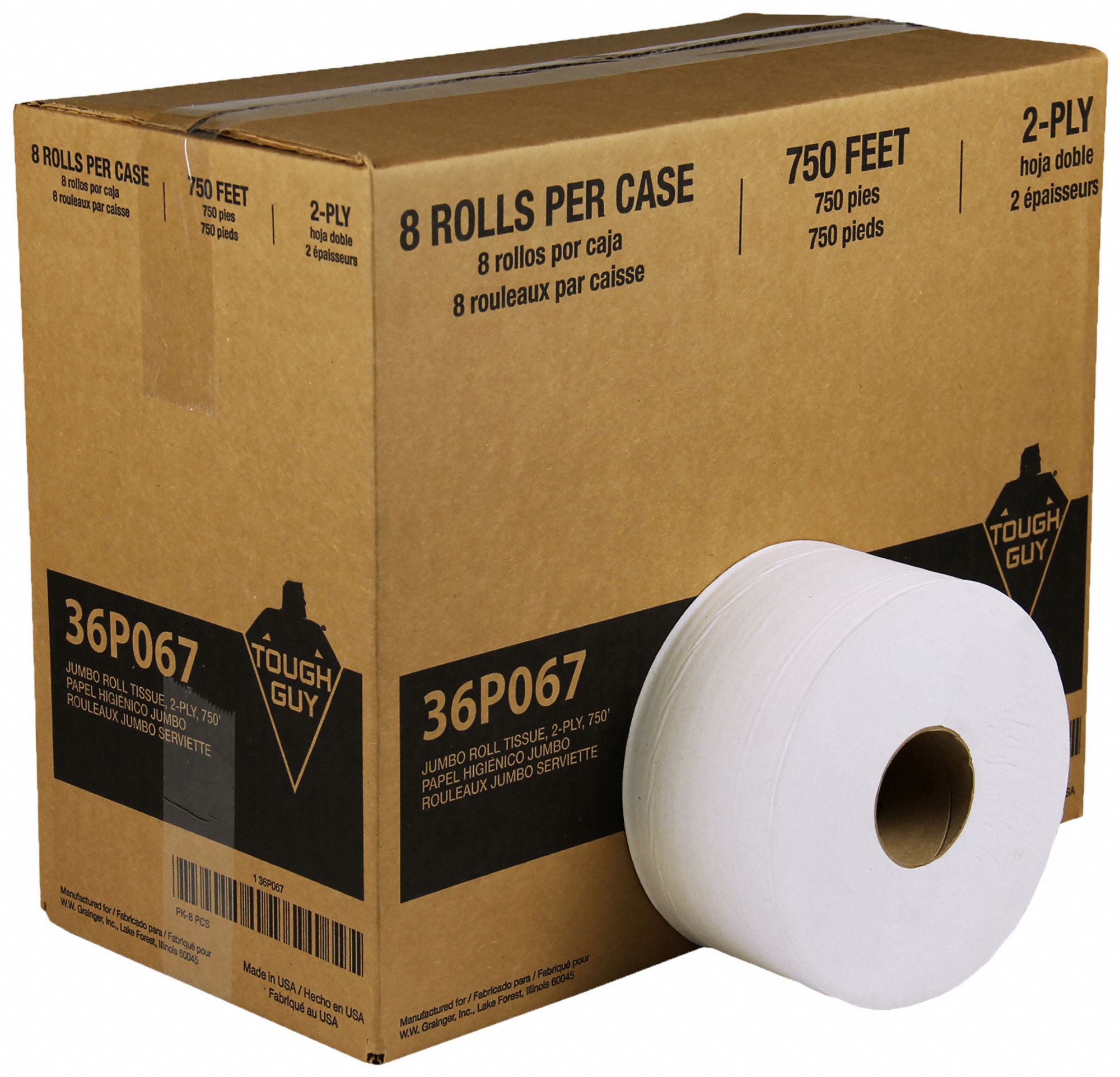 TOUGH GUY Toilet Paper Roll, Tough Guy, Jumbo Core, 2 Ply, 3 3/8 in ...