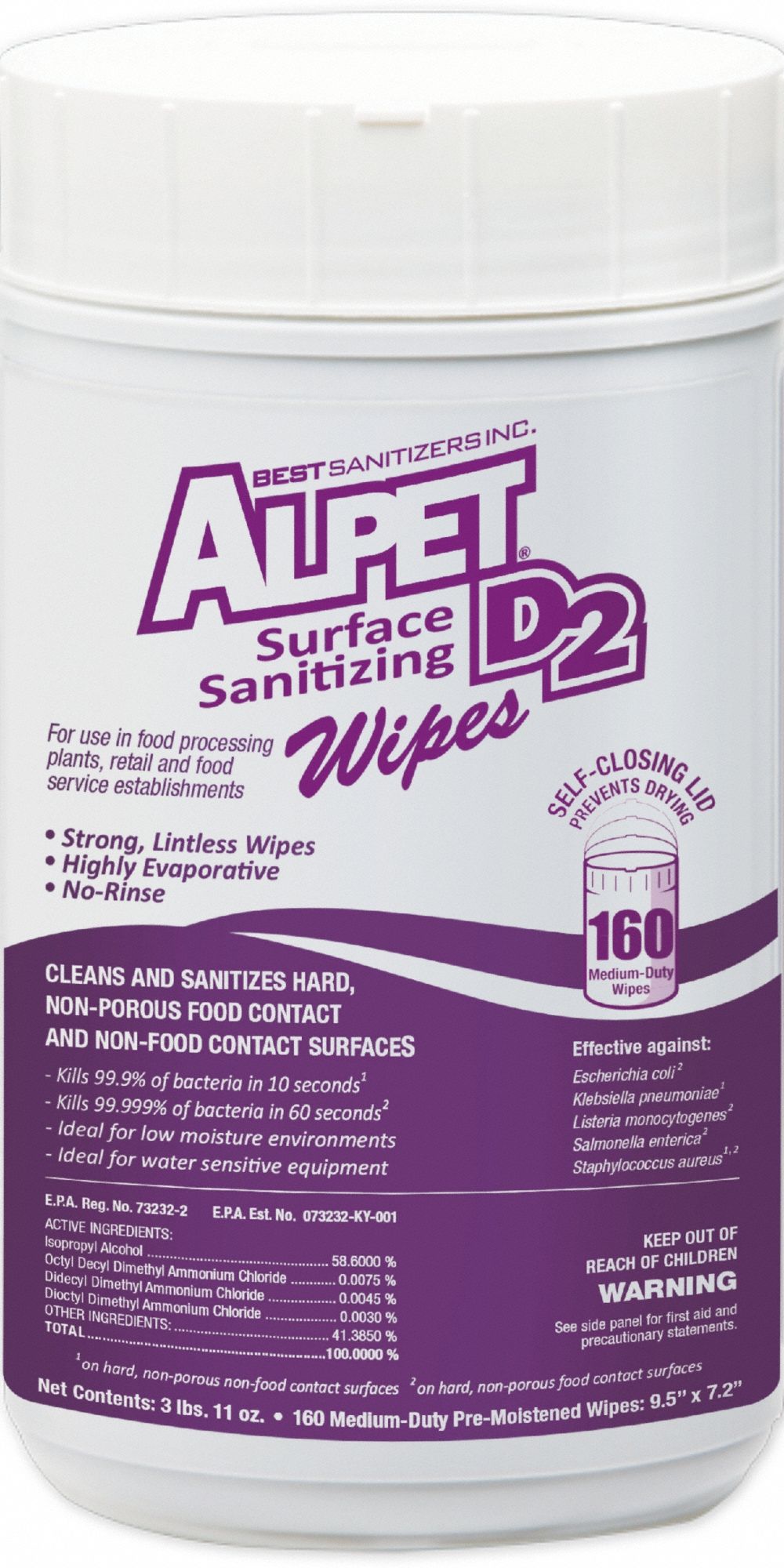 Sanitizing Wipes: Canister, Ready to Use, Wipe, Alcohol/Quat, Unscented, D2, 6 PK