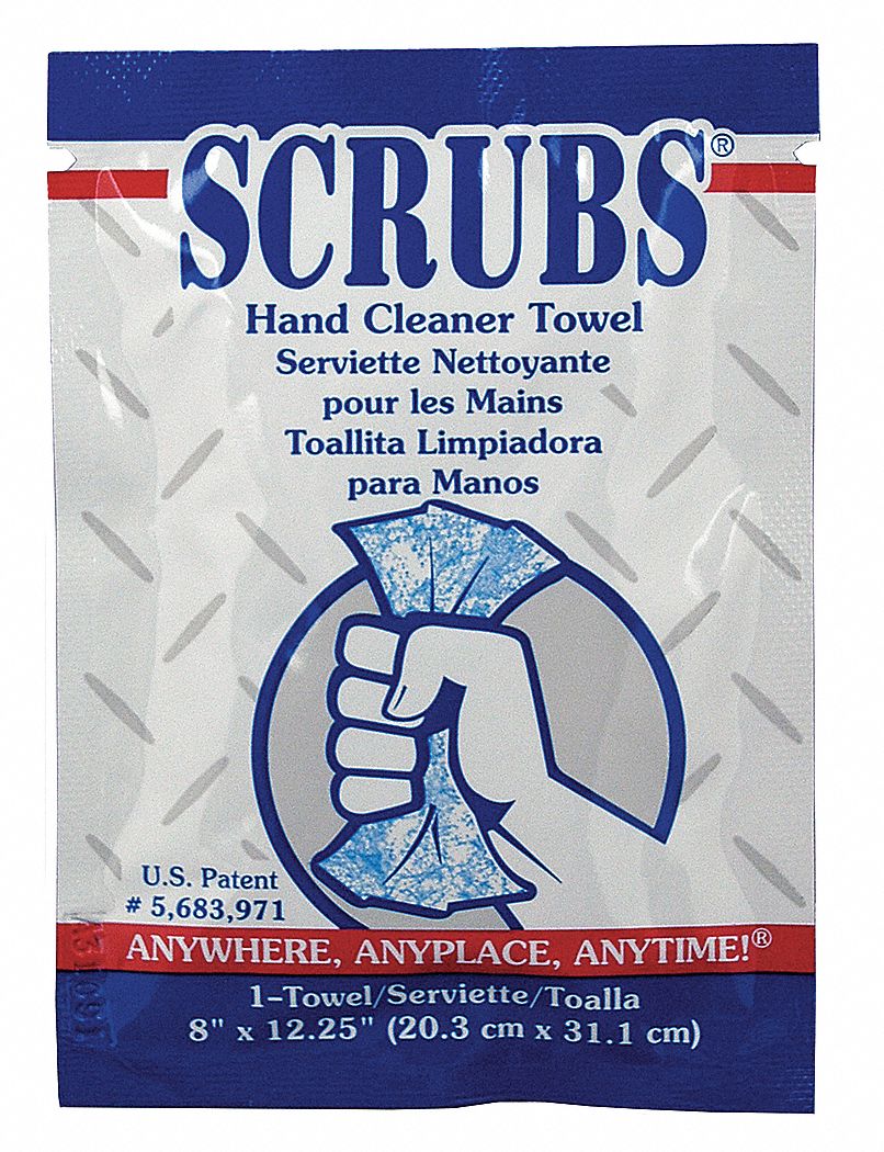 Hand Cleaning Towels: Packet, 8 in x 12 in Sheet Size, 100 Wipes per Container, Blue/White