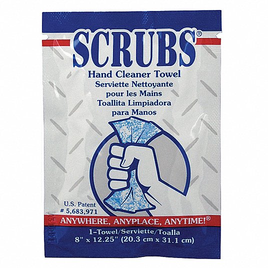 Hand Cleaning Towels: Packet, 8 in x 12 in Sheet Size, 100 Wipes per Container, Blue/White