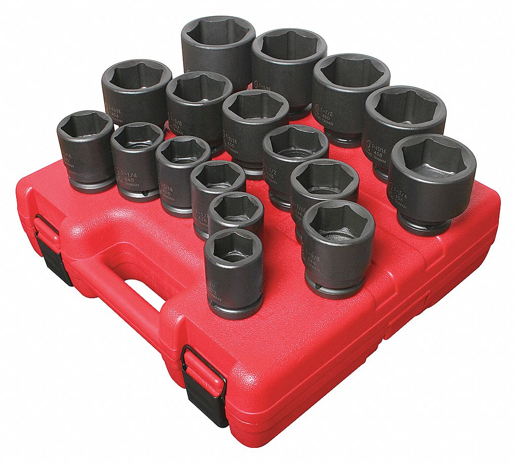 IMPACT SOCKET SET WITH HEAVY DUTY CASE, SAE, 3/4 IN DRIVE, CR-MO ALLOY STEEL, 17 PIECES