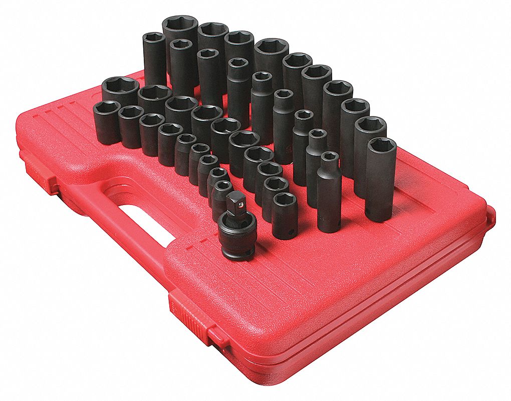 IMPACT SOCKET SET W HEAVY DUTY CASE, SAE, 1/2 IN DRIVE, CR-MO ALLOY STEEL, 39 PIECES