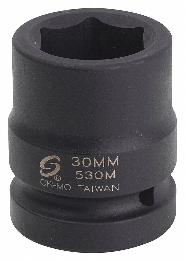 SOCKET, IMPACT, HEX, SHALLOW, 6 PT, DURABLE, BLACK, 30 MM X 1 IN DR, CHROME MOLY ALY ST