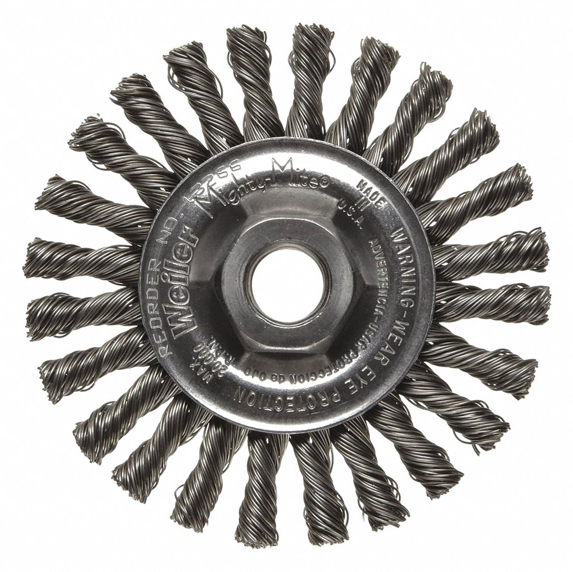 WIRE WHEEL BRUSH, STEEL CABLE TWIST, 4 IN DIAMETER X ¼ IN W, 5/8