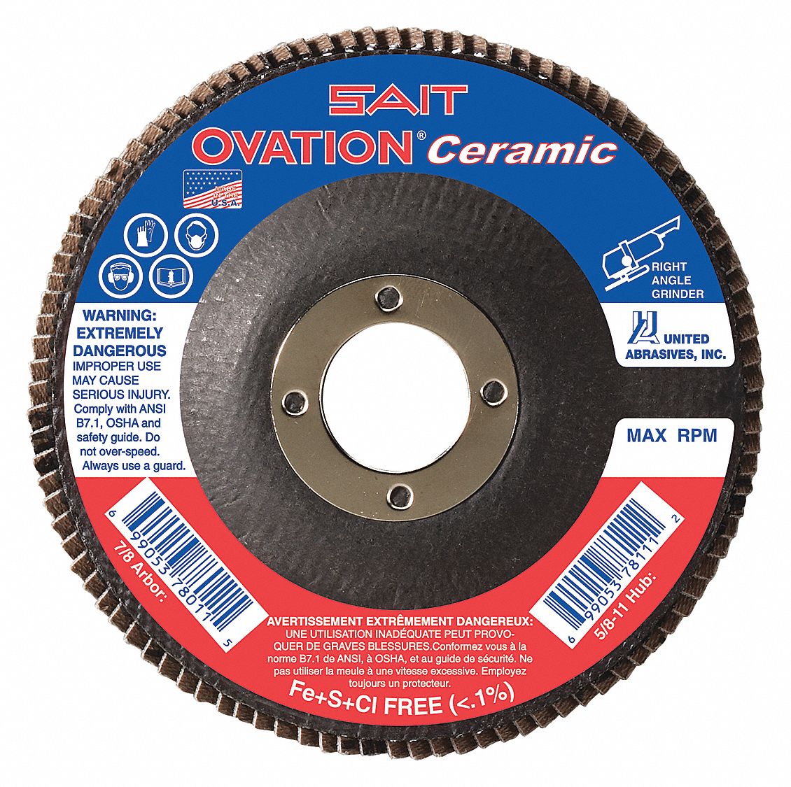 UNITED ABRASIVESSAIT Flap Disc, 36 Grit, 7/8 in., Ovation 36RD54