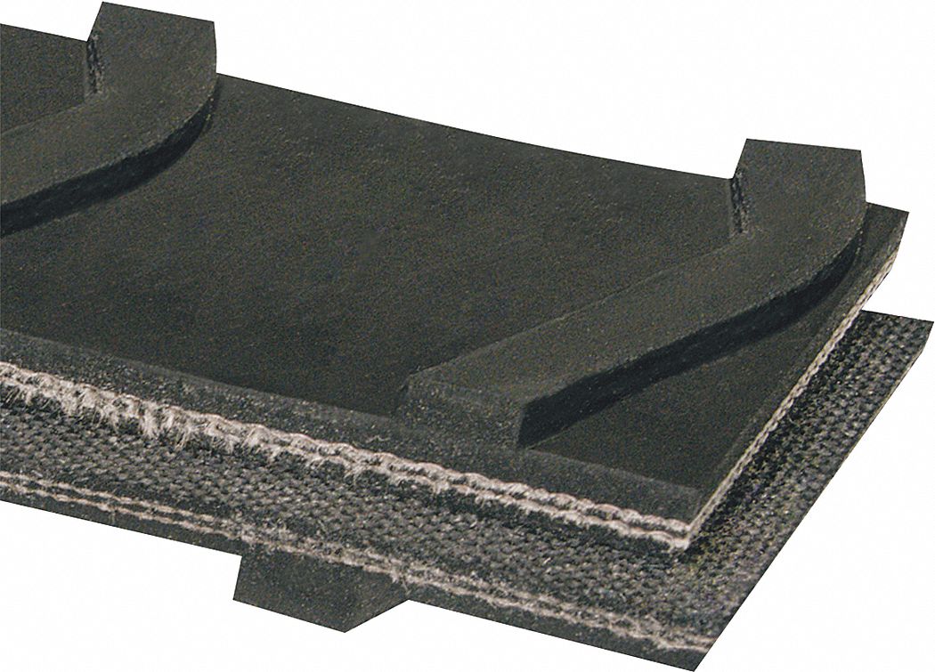 Cleated Multi-Ply Conveyor Belt: 10 in Belt Wd, 5/16 in Belt Thick, Cut to Lg (15 ft Min), Black