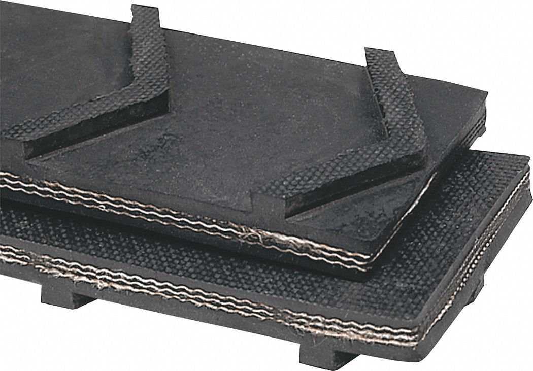 Cleated Multi-Ply Conveyor Belt: 10 in Belt Wd, 3/8 in Belt Thick, Cut to Lg (15 ft Min), Black