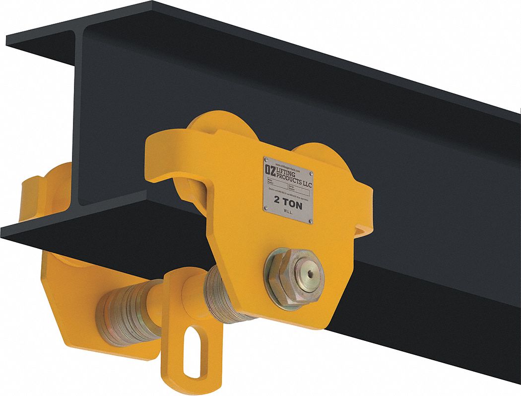 PUSH TROLLEY, LD CAP 4000 LB, 2 33/64 TO 12 IN FLANGE, WHEEL DIA 4 IN, STEEL