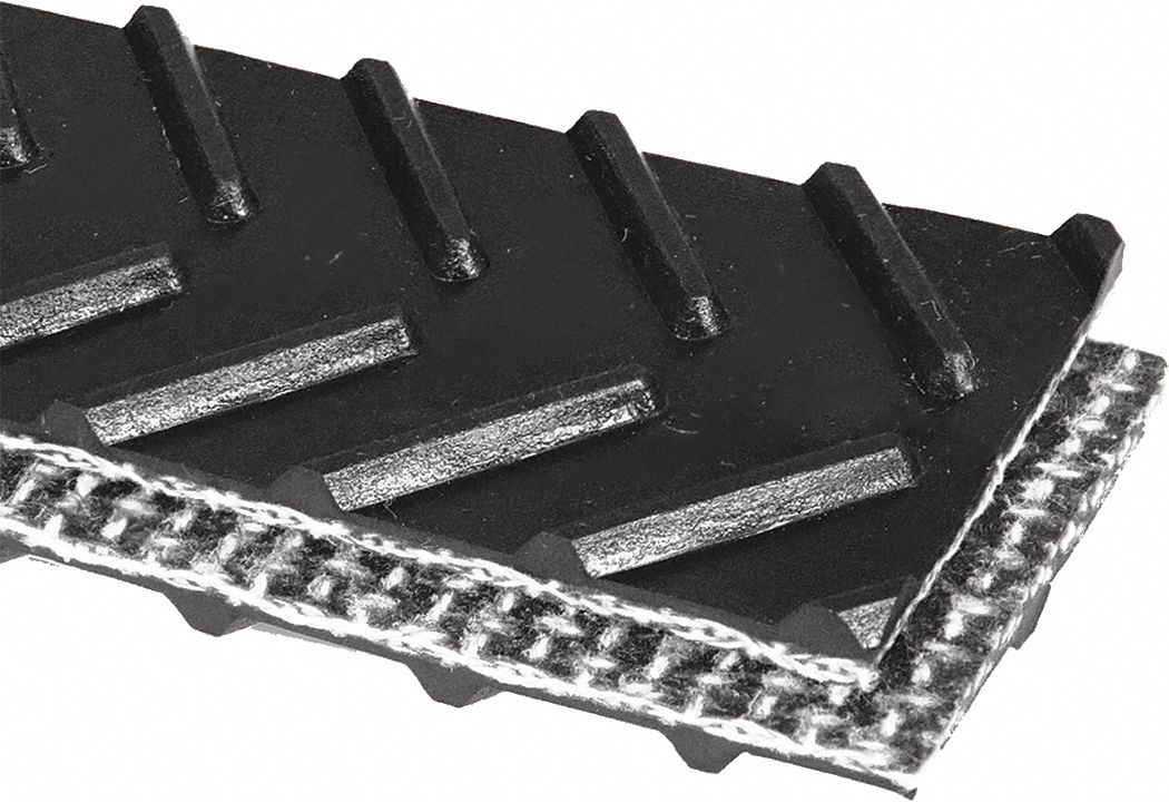 Cleated Multi-Ply Conveyor Belt: 10 in Belt Wd, 1/4 in Belt Thick, Cut to Lg (15 ft Min), Black, PVC