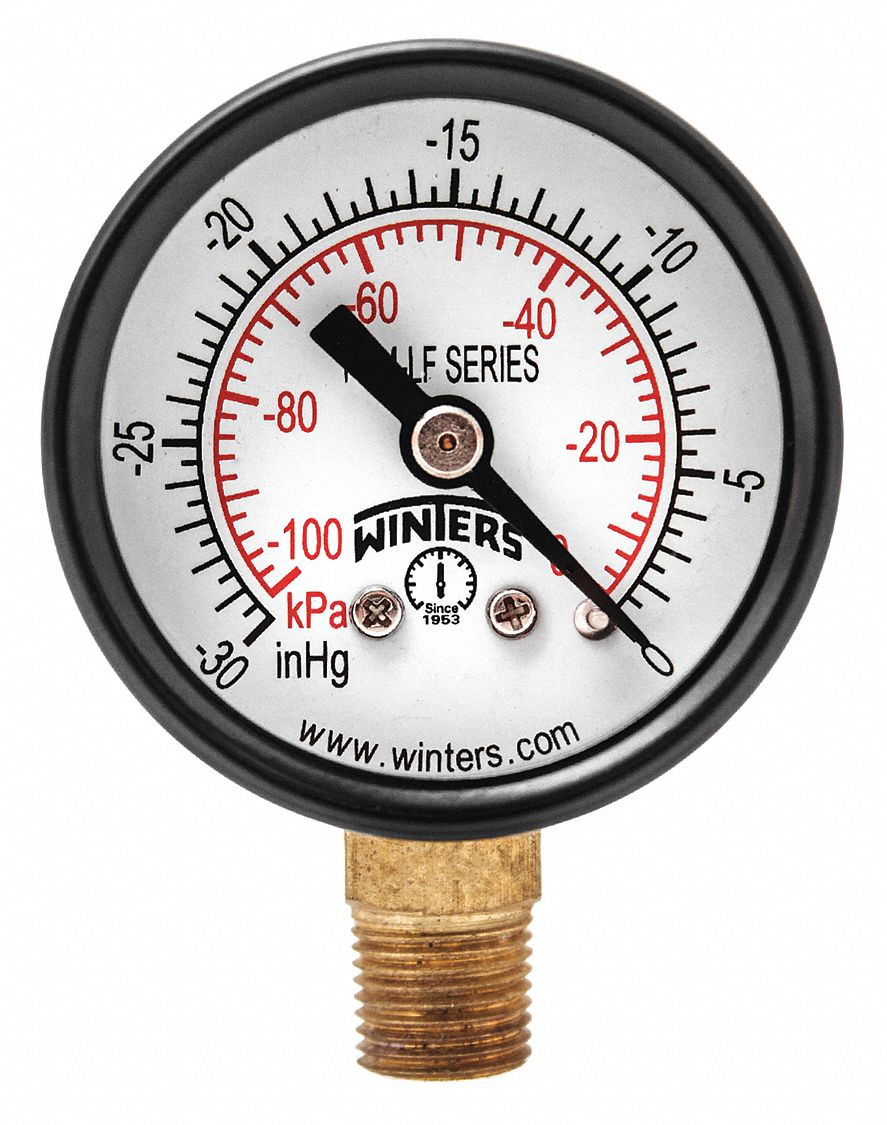 WINTERS Vacuum Gauge, 30 in Hg Vac to 0 Range, 1/8 in NPT, +/323