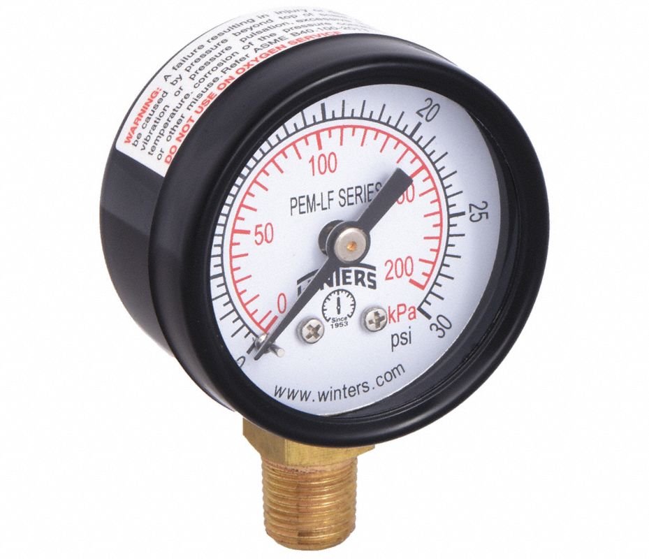 WINTERS Manómetro,Rango 0 a 30 psi - 36TV52 | PEM1300LF - Grainger México