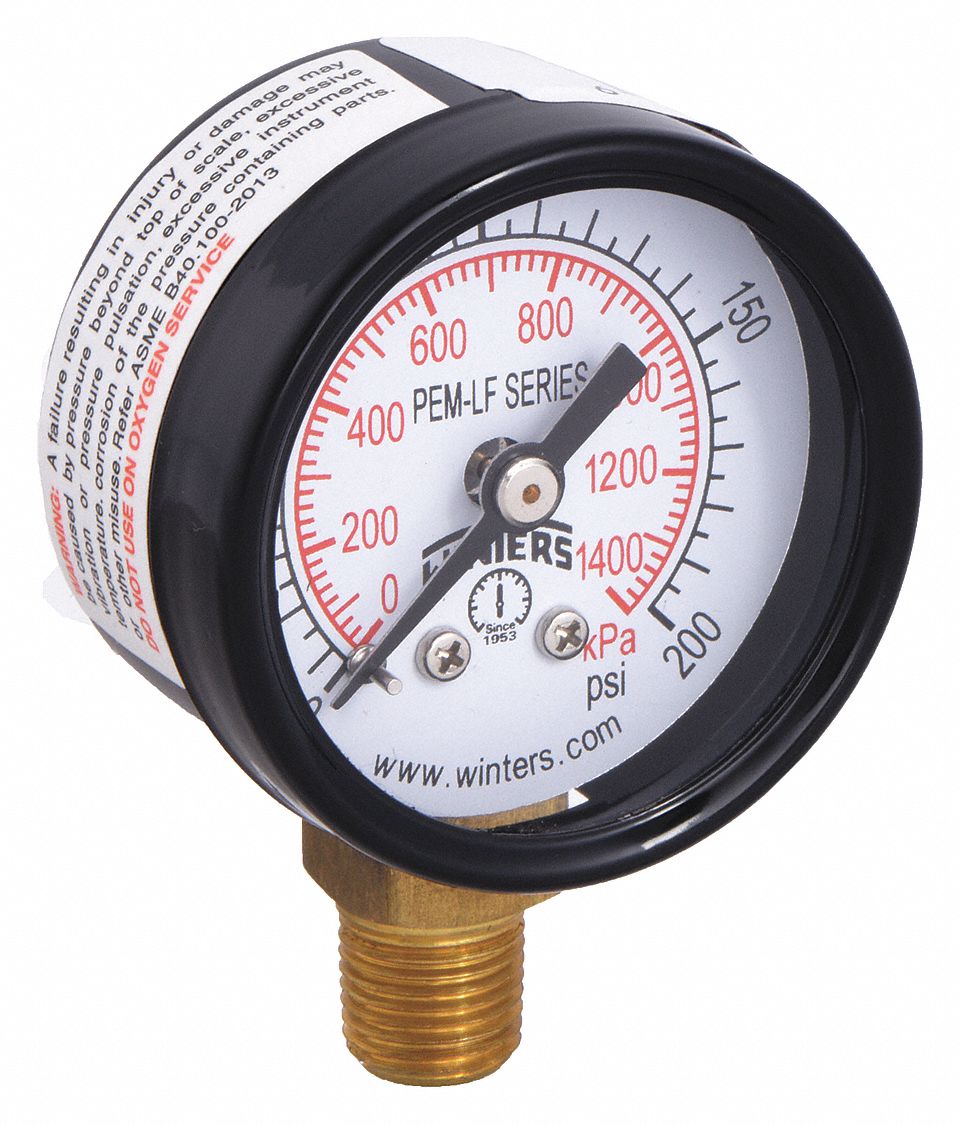 LEAD-FREE PRESSURE GAUGE, 0 PSI TO 200 PSI, 1 1/2 IN DIAL, 1/8 IN NPT MALE, BOTTOM, STEEL, 5