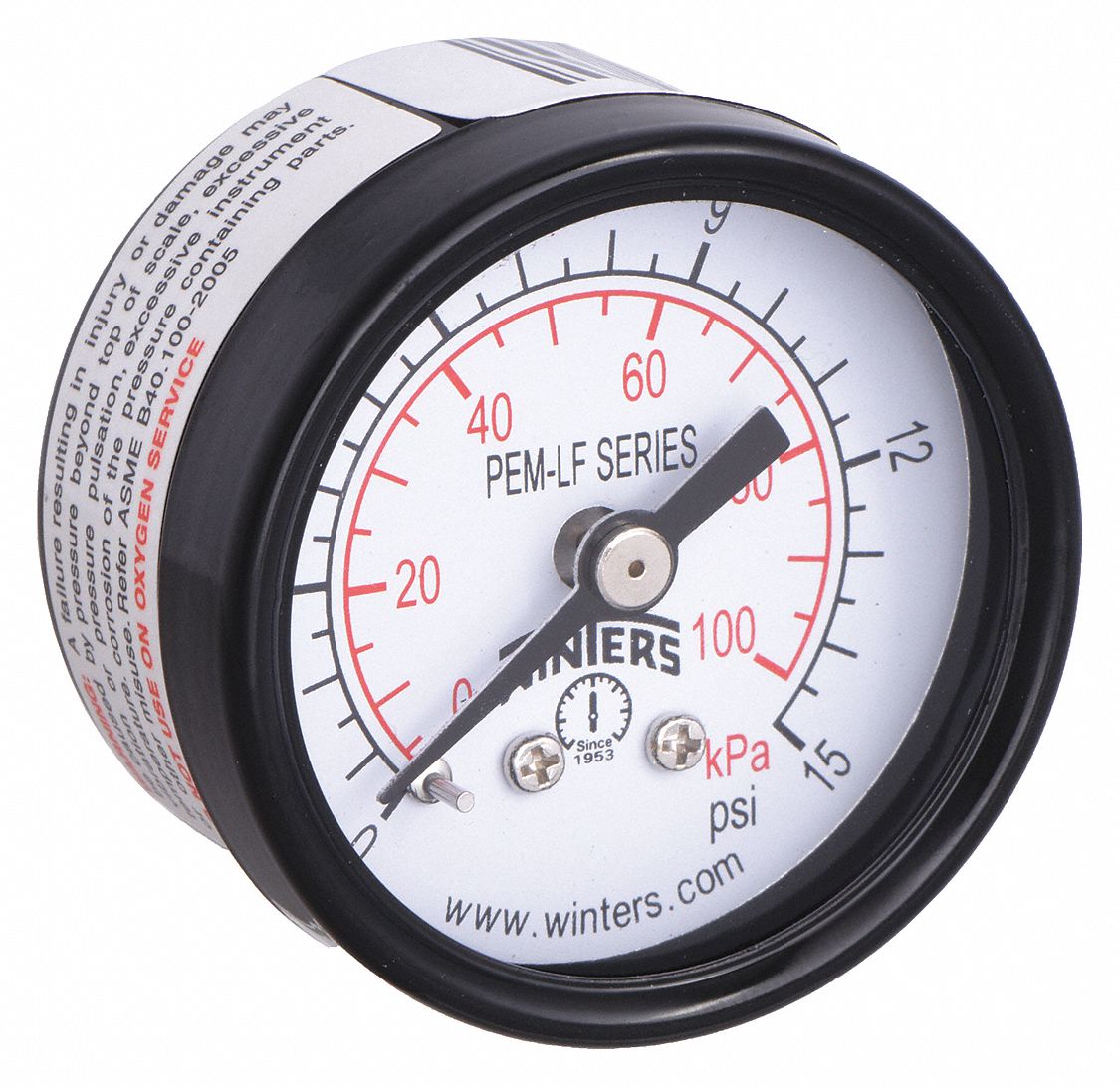 Gauge, Pressure, 1-1/2in., 0 to 15 psi