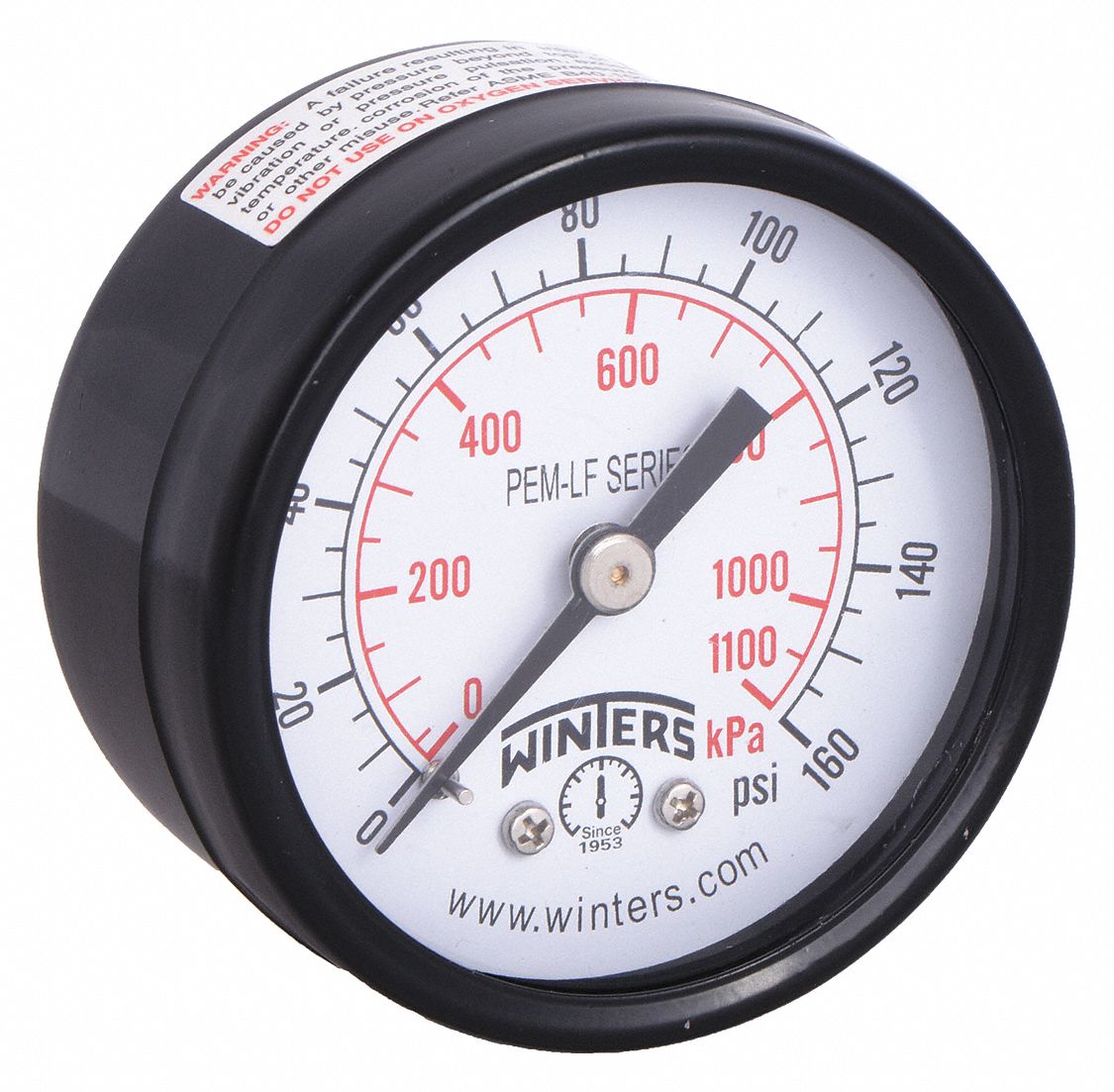 WINTERS Lead-Free Pressure Gauge: 0 to 160 psi, 2 in Dial, 1/4 in NPT Male,  Center Back, Steel