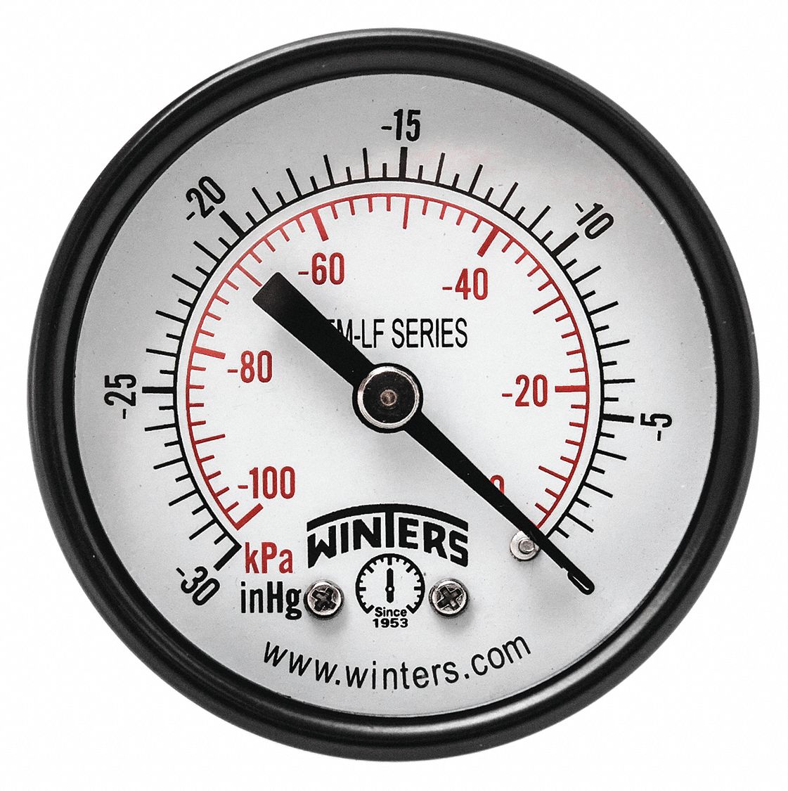 WINTERS Vacuum Gauge, 30 in Hg Vac to 0 Range, 1/4 in MNPT, +/323